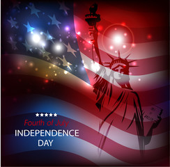 The Statue of Liberty against the background of national flag of the USA a bright abstract background with fireworks.
