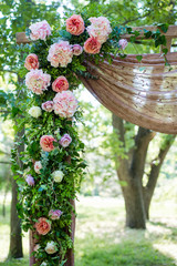 Festively beautifully decorated of flowers. Wedding decor.