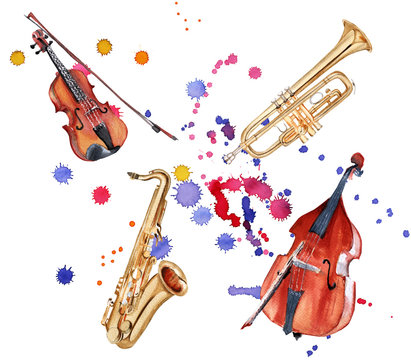 Musical instruments. Saxophone, double bass, violin and trumpet. Isolated on white background.