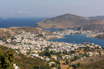 Aerial view of port of Skala in the Greek island of Patmos