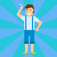 Happy boy child is smiling portrait of young male drink water character vector illustration