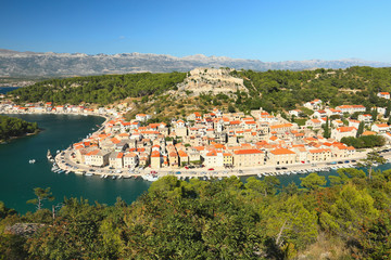 Fototapeta na wymiar View of the town Novigrad and the Velebit Mountains, Dalmatia, Croatia