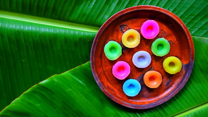 Thai traditional dessert made from rice flour , jasmine water and add color by nature color .