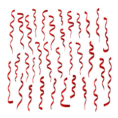 Vector isolated realistic set of holiday red serpentine ribbons on the white background.
