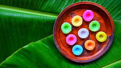 Thai traditional dessert made from rice flour , jasmine water and add color by nature color .