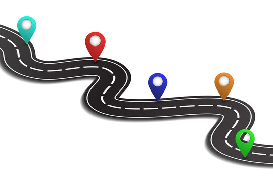 Vector Isometric Winding Road With Map Pins On The White Background. Concept Of Logistics, Journey, Delivery And Transportation.