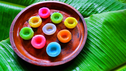 Thai traditional dessert made from rice flour , jasmine water and add color by nature color .