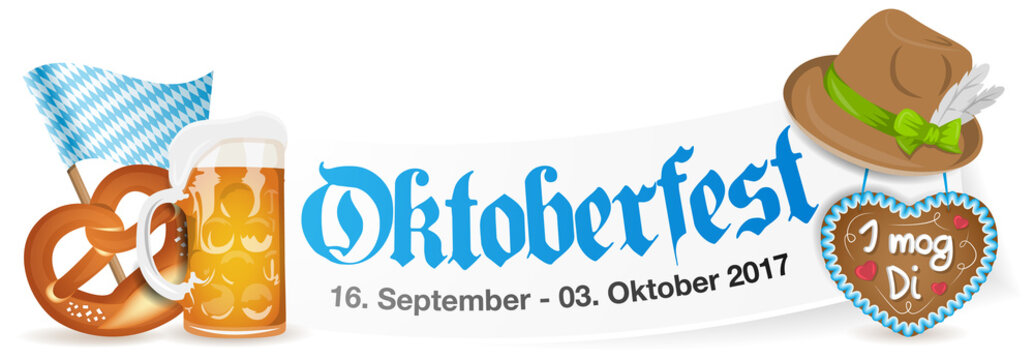 Oktoberfest München Banner mit Lebkuchenherz, Bier und Brezel