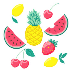 set of stylized fruits, a symbol of summer. Collection of scrapbooking elements. design for holiday greeting card and invitation of seasonal summer holidays, beach parties, tourism and travel.