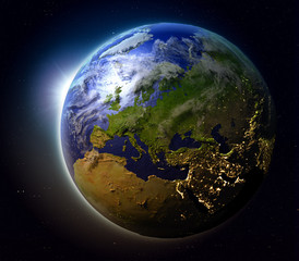 Europe from space at sunset