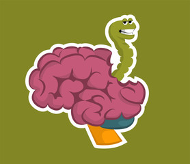 The green worm eats the brain. Sticker on a green background