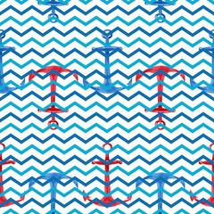 Seamless watercolor pattern with red and blue anchors