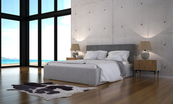 The modern loft bedroom design interior and sea view