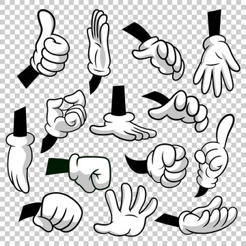 Cartoon hands with gloves icon set isolated on transparent background. Vector clipart - parts of body, arms in white gloves. Hand gesture collection. Design templates in EPS8.