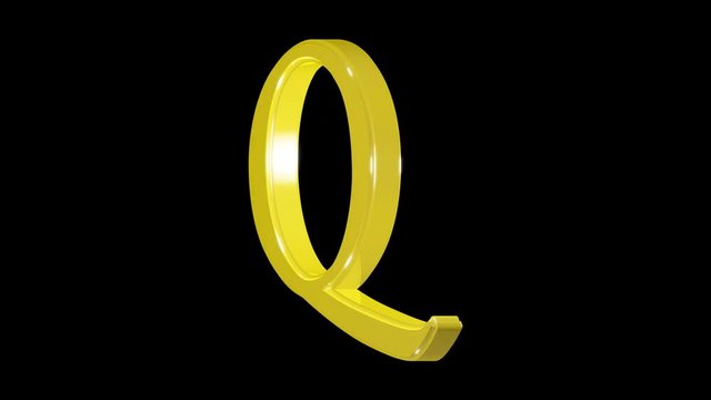Gold letter Q isolated on alpha channel, seamless loop