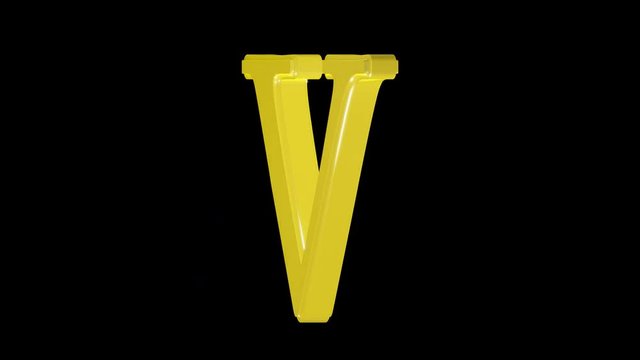 Gold letter V isolated on alpha channel, seamless loop