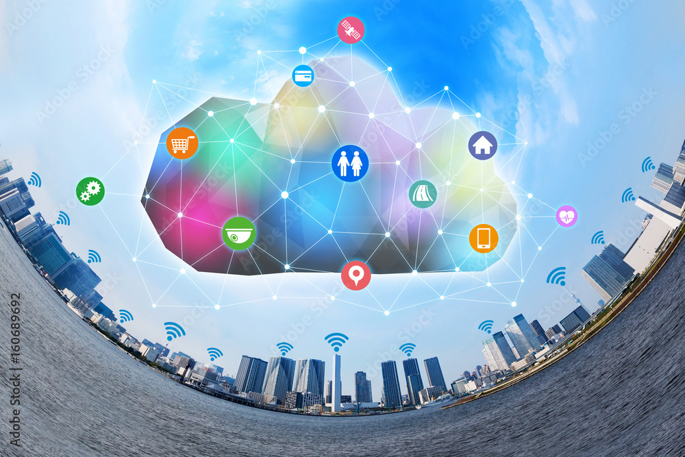 Poster Internet of Things and Cloud Computing concept. Smart City. Sensor Network.