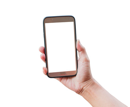 Isolated hand holding smart phone on white background.