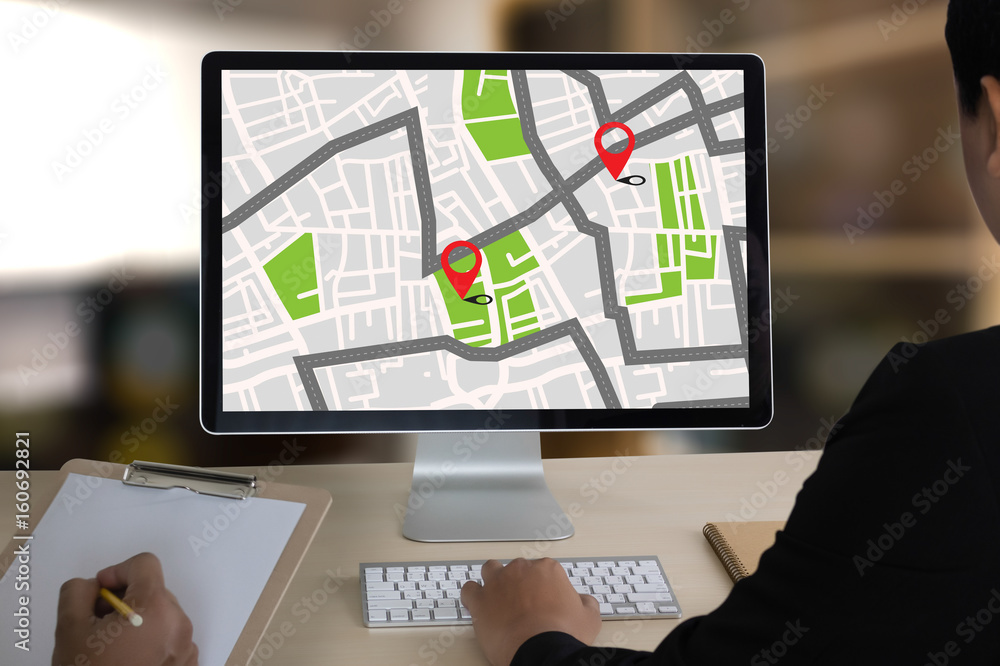 Poster gps map to route destination network connection location street map with gps icons navigation