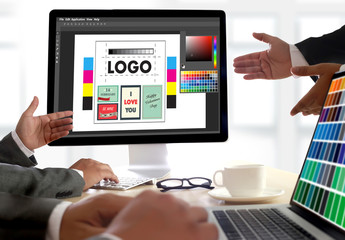 Creative Designer Graphic at work. Color swatch samples, Illustrator Graphic designer working digital tablet and computer