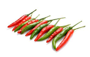 Hot red and green chili or chilli pepper isolated on white background