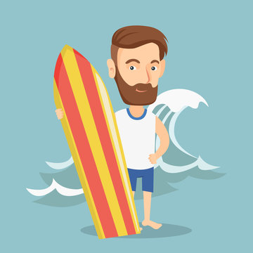 Surfer holding a surfboard vector illustration.