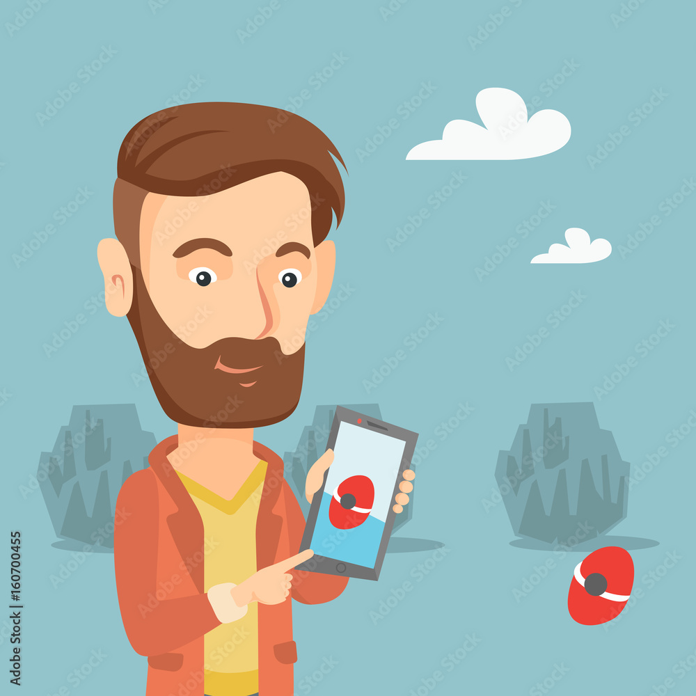 Poster man playing action game on smartphone.