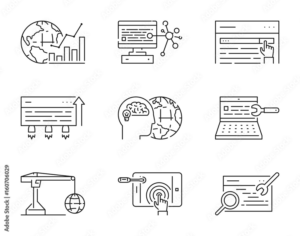 Poster set of linear icons for search engine optimization
