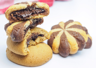 Closeup of chocolate cream filled biscuits