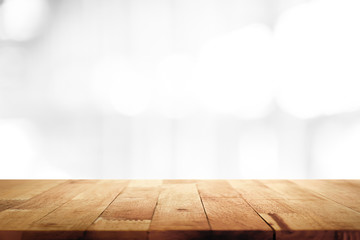 Natural wood table top on blur white background