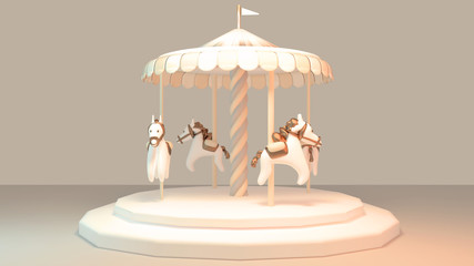 Carousel with horses. Cute merry-go-round object. Concept of childhood memory. 3d render picture.