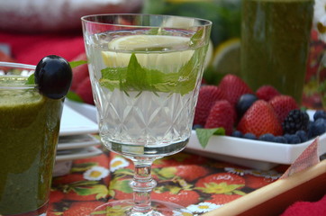 A glass of minty lemonade in a crystal stem glass on a picnic tray