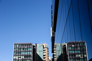 Reflections on the buildings.