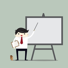 Business illustration of a businessman giving a presentation on white board