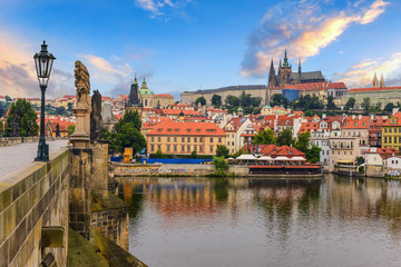 Prague city skyline and Charles Bridge, Prague, Czech Republic