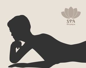 Vector illustration of a woman lying on the floor isolated over a grey background. Relaxing pose ready for massage. Spa salon branding