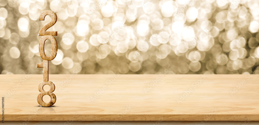 Poster 2018 new year wood number on wood table with sparkling gold bokeh wall,panoramic banner for display 