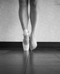 Black and White version of a ballerina's feet- behind the scenes
