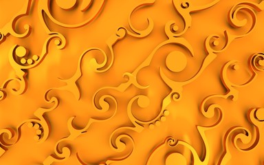 Abstract background with decorative design element. Floral tribal ornament. 3D rendering. Golden metallic material