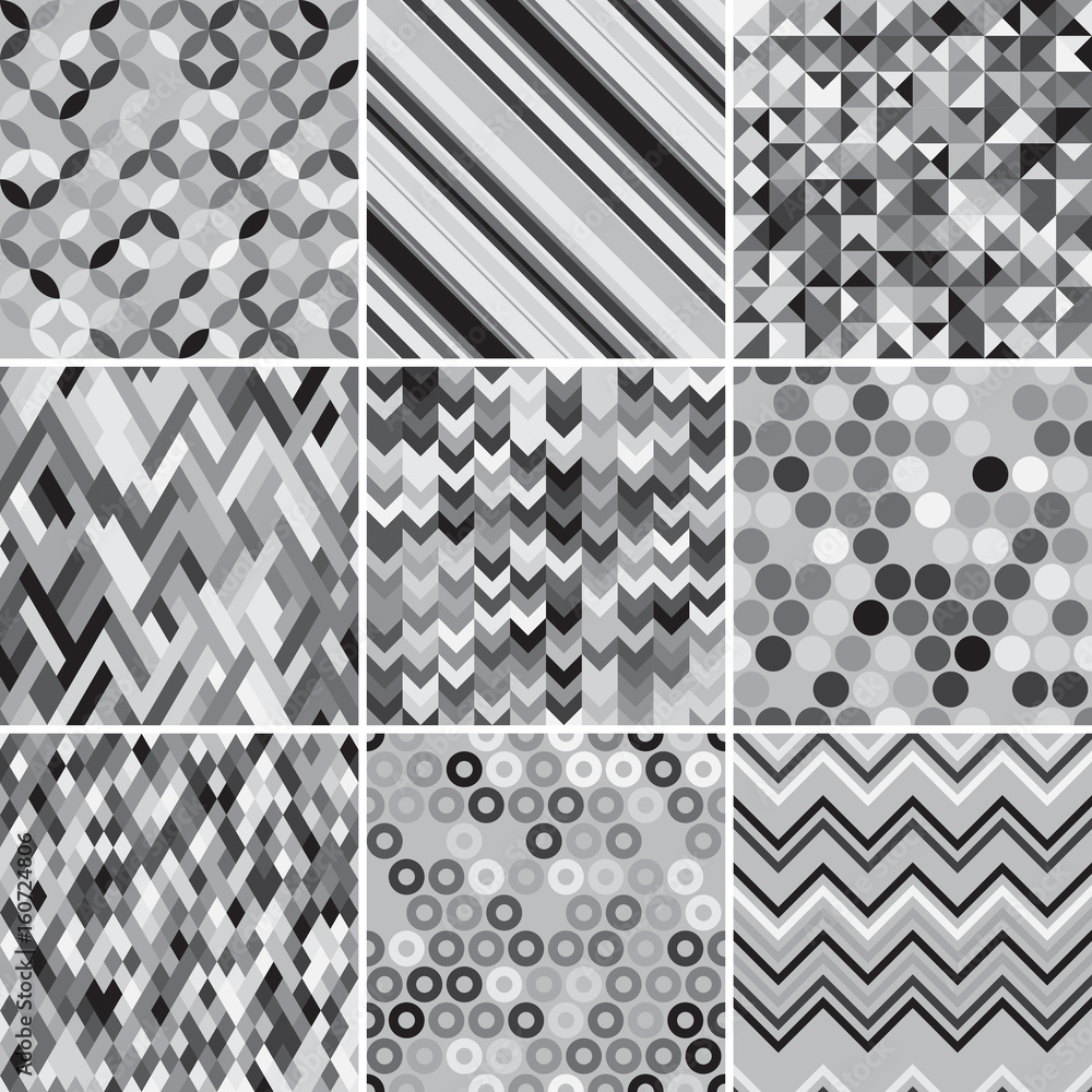 Poster set of abstract monochrome background, 9 geometric pattern, vector illustration. texture can be used