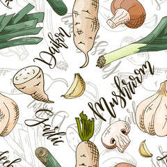 Vector seamless pattern with vegetables. Mushroom and daikon and garlic background. Hand drawn elements
