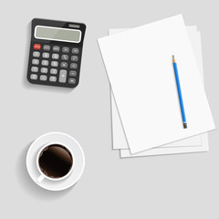 Business Concept. Realistic papers with Pencil and Cup of Coffee on Blue Background. Vector Illustration