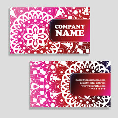 Set of business cards. Vintage pattern in retro style with mandala. Hand drawn Islam, Arabic, Indian, lace pattern.