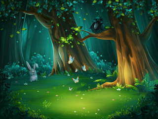 Vector illustration of a forest glade with hare and butterflies © nearbirds