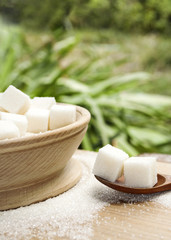 sugar cubes in wooden plate and spoon