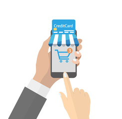 Hands using smartphone for online shopping with credit card Vector