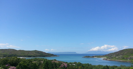 Beautiful scenery of lake clamped between gently sloping hills and clean sky view with little clouds in Scotland.