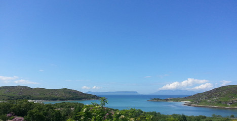 Beautiful scenery of lake clamped between gently sloping hills and clean sky view with little clouds in Scotland.