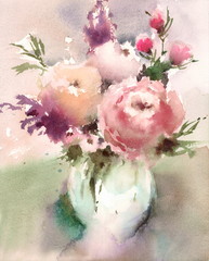 Watercolor Pink Flowers In A Vase Hand Painted Floral Background Texture Illustration
