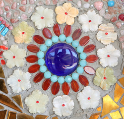  Colorful ceramic pattern background made from pebble and ceramic on the wall at Wat Phasornkaew in Phetchabun, Thailand